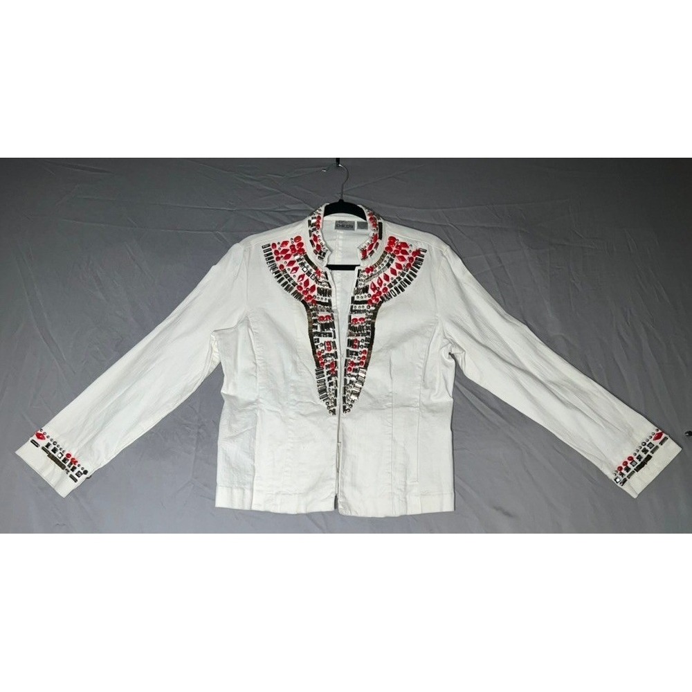 Chico's White Embellished Open Front‎ Jacket Red Silver Beaded Size 1 Medium